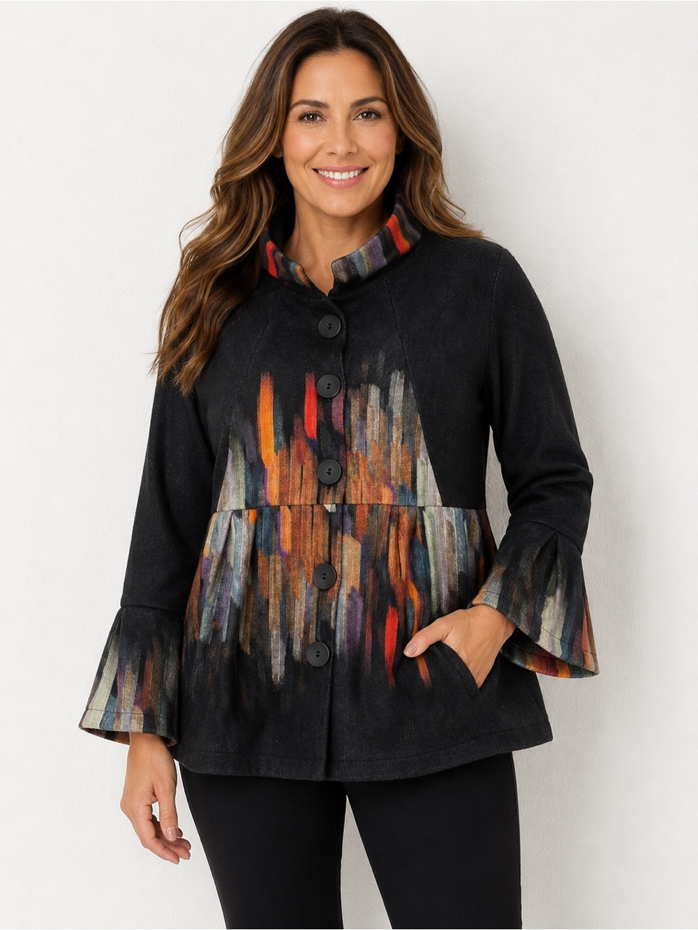 Damee Art to Wear Jacket Womens XL Black Abstract Brushstroke Fleece Bell Sleeve